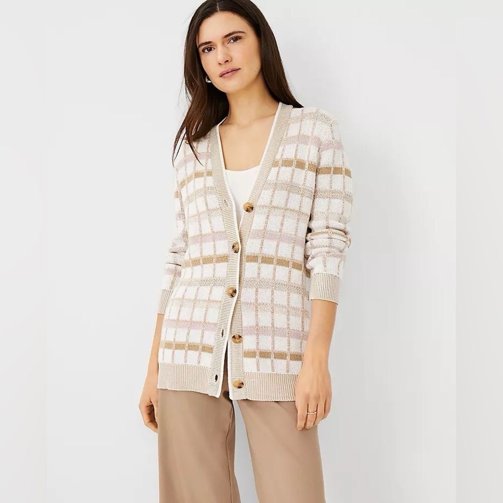 Ann Taylor Plaid Boyfriend Button Front Cardigan in Cream